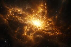 A glowing, orange nebula explodes in a star-filled black space. photo