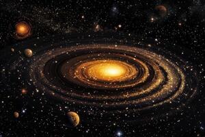 A spiral galaxy with stars, planets, and a bright core, set against a black background. photo