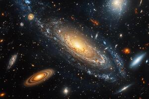 A spiral galaxy with stars and dust lanes in a dark space. photo