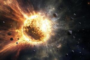A massive celestial explosion with debris flying outward in a fiery explosion. photo