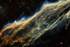 A long, thin nebula of gas and dust, glowing with light from nearby stars, against a backdrop of countless other stars. photo