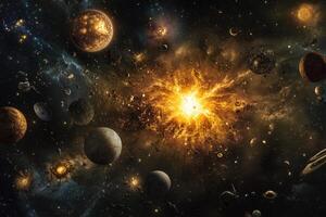 A massive star explodes, sending shockwaves through the cosmos, engulfing planets and celestial bodies in its fiery light. photo