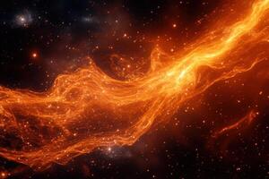 A fiery nebula swirls through the vast expanse of space, its glowing tendrils reaching out amidst a backdrop of distant stars. photo