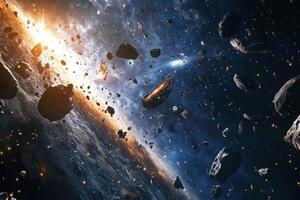 A planet is being bombarded by asteroids with a large star in the background. photo