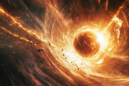 A fiery, swirling vortex in space with a planet in the center. photo