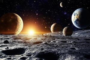 A scenic view of a celestial body, with a vibrant sunset and several planets in the background. photo