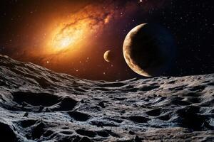 A rocky, cratered planet surface with a glowing galaxy in the background and two other planets in the sky. photo