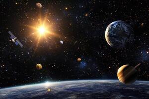 A satellite orbits the Earth with a sun and planets in the background. photo