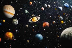 A scattering of planets and stars in space. photo