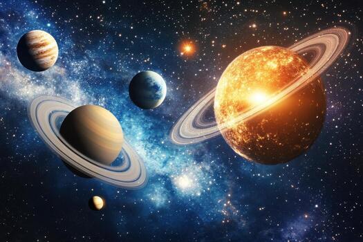 A scenic view of a solar system with multiple planets, including Saturn with its rings. photo