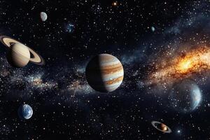 A scenic view of our solar system with planets, stars, and the Milky Way galaxy in the background. photo