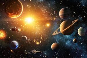 A solar system with planets, a sun, and a spaceship. photo