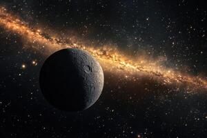A solitary, rocky moon orbits a distant star system, with the faint glow of a distant galaxy in the background. photo