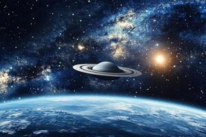 A spaceship flying over a planet with a sun and a galaxy in the background. photo
