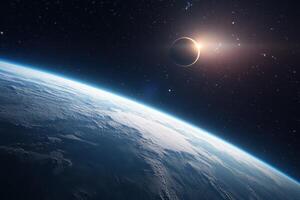 A solar eclipse viewed from space with Earth's horizon in the foreground. photo