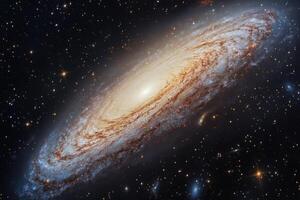 A stunning view of the Andromeda Galaxy, a spiral galaxy located about 2.5 million light-years from Earth. The galaxy's bright core is surrounded by swirling arms of gas and dust. photo