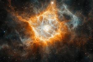 A fiery nebula with a bright center, surrounded by a field of stars. photo