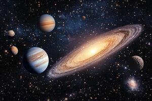 A stunning view of our solar system with a galaxy in the background. photo