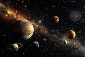A stunning view of our solar system with planets, stars, and the Milky Way galaxy. photo