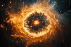 A fiery nebula with a bright core, surrounded by swirling gas and dust. photo