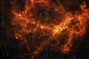 A fiery nebula with swirling gas and dust, illuminated by distant stars. photo