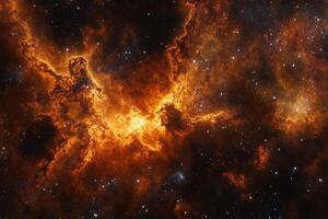 A fiery nebula with swirling gas and dust, glowing with light from distant stars. photo