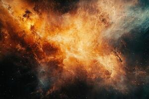 A fiery nebula with swirling orange and blue clouds in space. photo