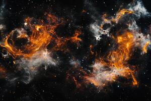 A fiery nebula with swirling orange and white gas clouds against a backdrop of twinkling stars. photo