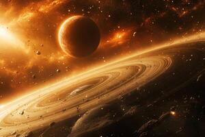 A fiery orange planet with rings sits against a backdrop of orange nebulae and asteroids. photo