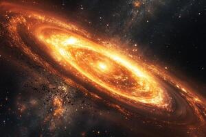 A fiery orange spiral galaxy with a glowing core surrounded by stars and dust. photo