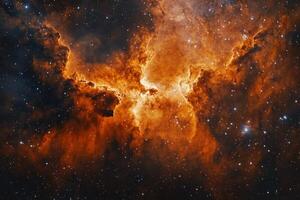 A fiery red nebula with glowing gas and dust clouds, sprinkled with stars in the vast expanse of space. photo