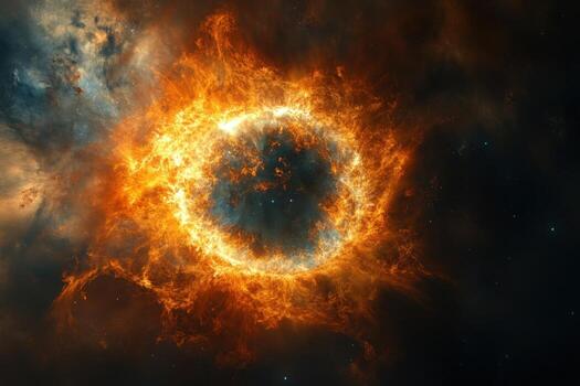 A fiery ring of gas and dust in space, glowing brightly against a dark background. photo