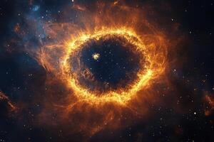 A fiery ring of light and energy glows brightly in the center of a deep space nebula. photo