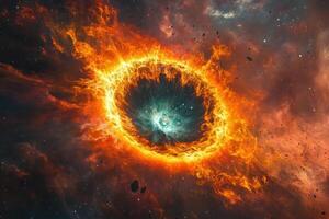 A fiery ring of gas and dust surrounds a glowing nebula in a vast expanse of space. photo