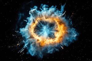 A fiery ring of light bursts through a cloud of smoke, surrounded by a starry sky. photo