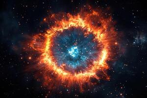 A fiery ring of gas and dust in space, resembling a supernova explosion, glows against a backdrop of stars. photo