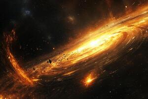 A fiery spiral galaxy with scattered asteroids and a bright core. photo