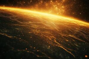 A fiery sunrise over a distant planet with a glowing atmosphere. photo
