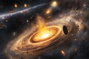 A fiery, swirling nebula with a bright center and many surrounding celestial bodies. photo