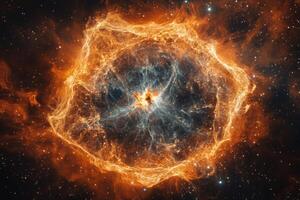 A glowing nebula with a bright core, surrounded by a ring of gas and dust, in a dark background of stars. photo