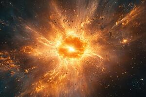 A glowing orange supernova explodes in space, surrounded by gas and dust. photo