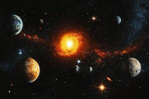 A glowing, fiery sun with swirling flames sits at the center of a solar system. photo