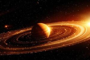 A golden planet with rings in space. photo