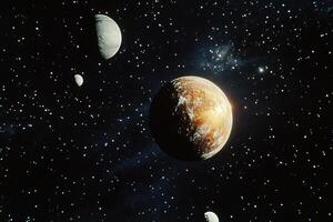 A golden planet with three moons in a dark, starry sky. photo
