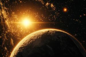 A golden sun rises over a planet in a vast, starry void. photo