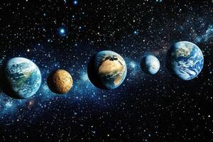 A line of five planets in a starry galaxy, including a rocky, brown planet. photo