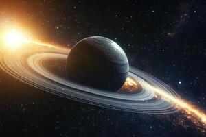 A majestic ringed planet shines in a starry expanse, a bright star illuminating its celestial beauty. photo