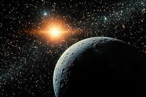 A large, grey, cratered moon orbits a bright, shining star in a field of twinkling stars. photo