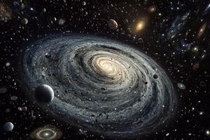 A mesmerizing spiral galaxy with numerous stars, planets, and asteroids in space. photo