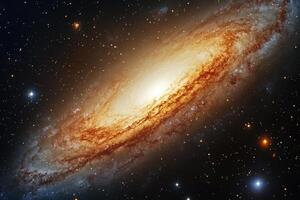A spiral galaxy with a bright core and dust lanes, surrounded by stars in a dark, vast universe. photo